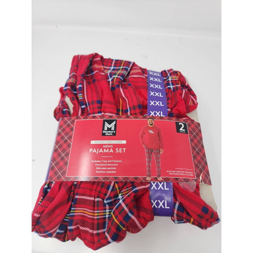 Member's Mark Mens Christmas Pajama Set Red Plaid Polyester Blend Size XXL